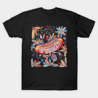 Whimsical 4th of July Hot Dog Fireworks Floral Party Design T-Shirt